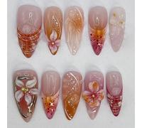 GlamRays 30 Pieces 3D Orange Blossom Nail Stickers, Medium Almond French Tip False Nails with 3D Gold Embellishment, Crystal Design