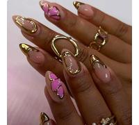 GlamRays 3D Almond Press on Nails Medium Handmade False Nails With Gold Charms Pink Butterfly Designs French Acrylic Nails Press ons Almond Shaped False Nails