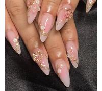 GlamRays 3D Flower Crystal Press on Nails Medium Almond Shape False Nails Glossy Pink Full Coverage Acrylic False Nails with Decorations Golden Line Designs 24 Pieces