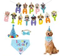 GlamRays Blue Dog Birthday Party Accessories, Pack of 4: Bandana, Hat, Tie, Banner - Dog Pet Theme Decorations