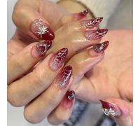 GlamRays Medium Almond Red Gradient Glue on Nails 3D Spider Heart Charm Design Acrylic Nails 24 Pieces (12 Sets of 2) Stiletto Rhinestone