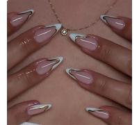 GlamRays Medium Press on Nails Almond White False Nails Shiny Gold Line Acrylic Nails Stiletto Artificial Nails French Tip Stickers False Nails with Design Pack of 24