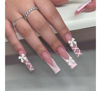 GlamRays Pink Press on Nails Long Square Fake Nails French Tip Glue Nails 3D Bow Acrylic Nails 24 Pieces Squoval Manicure False Nails