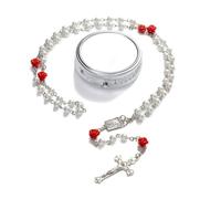 GlamRays Rosariene Pearls Catholic - Confirmation Gifts for Teenage Girls, Silver Simple Style Metal Gift Box, White Faux Pearl Rosary, Gifts for Women (Red)