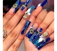 GlamRays Royal Blue Press On Nails Long Length Square Shape Acrylic False Nails with Rhinestone Designs False Nails Pack of 24