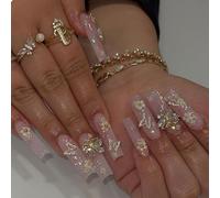 GlamRays Square Press on Nails Long Fake Nails Pink Glue Nails 3D Butterfly Flower Charm Acrylic Nails 24 Pieces Squoval Glitter Manicure Artificial False Nails