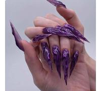 GlamRays Stiletto Press on Nails Long False Nails Purple Goth Glue Nail 3D Texture Chrome Bling Design Y2k Punk Acrylic Nails 24 Pieces Almond Handmade Full Coverage False Nails