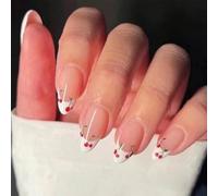 GlamRays White French Tip Stick On Nail Almond Summer Cherry False Nail Medium Length Adhesive Nails Glamorous Almond Medium Nails 24pcs