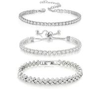 GlamSavvyFZ 3 Pcs Silver Tennis Bracelet Set for Women, Adjustable Silver CZ Rhinestone Bracelets, Marquise Cubic Zirconia Bracelet Stack, Wedding & Prom Jewelry Gift Style 2