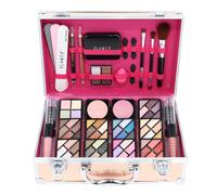 Glamza 84 Piece "Hot to Handle" Vegan Vanity Case - Full Aluminium Frame - Pink Lining - Premium Makeup Set with Eyeshadows, Brushes, Lip Gloss & More