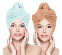 Glamza Microfibre Hair Towel Wrap Super Absorbing Twist Turban Hair Wrap with Buttons for Fast Drying Hair (2 PACK (LARGE) - GREEN & NUDE)