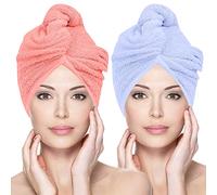 Glamza Microfibre Hair Towel Wrap Super Absorbing Twist Turban Hair Wrap with Buttons for Fast Drying Hair (2 PACK (LARGE) - PINK & BLUE)