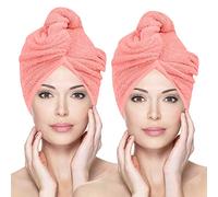 Glamza Microfibre Hair Towel Wrap Super Absorbing Twist Turban Hair Wrap with Buttons for Fast Drying Hair (2 PACK (LARGE) - PINK)