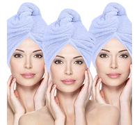 Glamza Microfibre Hair Towel Wrap Super Absorbing Twist Turban Hair Wrap with Buttons for Fast Drying Hair (3 PACK (LARGE) - BLUE)