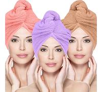 Glamza Microfibre Hair Towel Wrap Super Absorbing Twist Turban Hair Wrap with Buttons for Fast Drying Hair (3 PACK (LARGE) - PINK,PURPLE,NUDE)