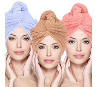 Glamza Microfibre Hair Towel Wrap Super Absorbing Twist Turban Hair Wrap with Buttons for Fast Drying Hair (3 PACK (LARGE) - BLUE,NUDE,PINK)