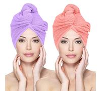 Glamza Microfibre Hair Towel Wrap Super Absorbing Twist Turban Hair Wrap with Buttons for Fast Drying Hair (2 PACK (SMALL) - PINK & PURPLE)