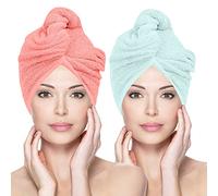 Glamza Microfibre Hair Towel Wrap Super Absorbing Twist Turban Hair Wrap with Buttons for Fast Drying Hair (2 PACK (LARGE) - PINK & GREEN)