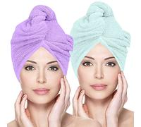 Glamza Microfibre Hair Towel Wrap Super Absorbing Twist Turban Hair Wrap with Buttons for Fast Drying Hair (2 PACK (LARGE) - PURPLE & GREEN)