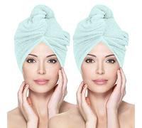 Glamza Microfibre Hair Towel Wrap Super Absorbing Twist Turban Hair Wrap with Buttons for Fast Drying Hair (2 PACK (LARGE) - GREEN)