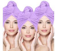 Glamza Microfibre Hair Towel Wrap Super Absorbing Twist Turban Hair Wrap with Buttons for Fast Drying Hair (3 PACK (LARGE) - PURPLE)
