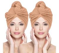 Glamza Microfibre Hair Towel Wrap Super Absorbing Twist Turban Hair Wrap with Buttons for Fast Drying Hair (2 PACK (LARGE) - NUDE)