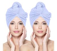 Glamza Microfibre Hair Towel Wrap Super Absorbing Twist Turban Hair Wrap with Buttons for Fast Drying Hair (2 PACK (LARGE) - BLUE)