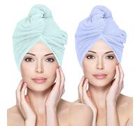 Glamza Microfibre Hair Towel Wrap Super Absorbing Twist Turban Hair Wrap with Buttons for Fast Drying Hair (2 PACK (LARGE) - GREEN & BLUE)