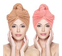 Glamza Microfibre Hair Towel Wrap Super Absorbing Twist Turban Hair Wrap with Buttons for Fast Drying Hair (2 PACK (LARGE) - PINK & NUDE)
