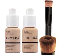 Glamza PHOERA Foundation 102 and 104 Full Coverage Foundation, Full Coverage Flawless New 30ml 24HR Matte Oil Control (Buff Beige #104)(Nude #102) + Liquid Foundation Brush