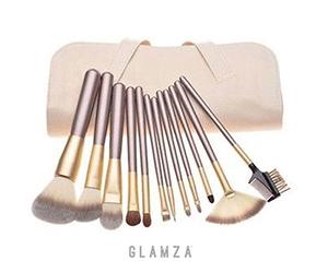 Glamza Pro 12pc Champagne Face Eye Brow Lip Contour MakeUp Brushes Set In White Pouch