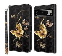 GLANDOTU Case for Google Pixel 8 Pro,Magnetic PU Leather Wallet Flip Cover with [Shockproof Protective TPU][Standing Function][Card Holders] for Google Pixel 8 Pro,Gold butterfly