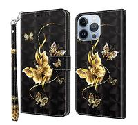 GLANDOTU Case for iPhone 14 Pro 6.1 inch,Magnetic PU Leather Wallet Flip Cover with [Shockproof Protective TPU][Standing Function][Card Holders] for iPhone 14 Pro 6.1 inch,Gold butterfly