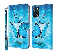 GLANDOTU Case for OPPO A16 6.52 inch, Flip Folio Wallet PU Leather Cover with Magnetic Button, Standing Function Full-Body Protective for OPPO A16S/A54S Phone Cases 【Blue butterfly】