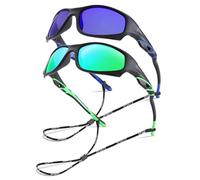 GLARDEFE Kids Youth Baseball Sunglasses - Unbreakable Flexible Polarized Sports Sunglasses with Strap for Boys Girls Age 4-12, A1 Matte Black / Green Mirror + Matte Black / Dark Blue Mirror, M