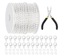 Glarks 102Pcs 30 Feet Jewelry Chains Set Silver Cable Link Chains Link Rolls Bulk Twisted Links Chain Necklace Jewelry Making Chains with Lobster Clasps and Jump Rings for Necklace Jewelry Making