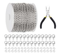 Glarks 102Pcs 30 Feet Jewelry Chains Set White Cable Link Chains Link Rolls Bulk Twisted Links Chain Necklace Jewelry Making Chains with Lobster Clasps and Jump Rings for Necklace Jewelry Making