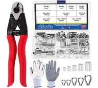 Glarks 117Pcs 8" Heavy Duty Wire Rope Cable Cutter and Aluminum Crimping Loop Sleeves and Wire Rope Thimble Assortment Kit with a Pair of Gloves for Deck Stair Railing Fencing