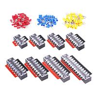 Glarks 124Pcs(8Sets) Terminal Block Set, 8Pcs 3 4 5 6 7 8 10 12 Positions 600V 15A Dual Row Screw Terminals Strip + 16Pcs Pre-Insulated Barrier Strips + 100Pcs Insulated Fork Wire Connector
