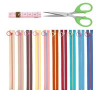 Glarks 12pcs 25cm/9.84in Nylon Resin Zipper with Lifting Ring Pull Set, 10 Colors Coil Zipper Close End with Zinc Alloy Ring Puller and Scissors, Soft Tape Measure Kit Sewing Zipper for Sewing Craft