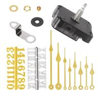 GLARKS 12pcs 28MM Golden High Torque Long Shaft Clock Movement Mechanism Kit Includes 1pcs Clock Movements with 1pcs Hooks, 4 Different Pairs Clock Hands, 4pcs Mounting Hardware, 2pcs Clock Numerals