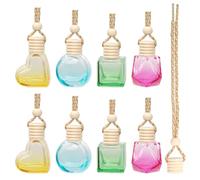Glarks 12pcs 6/8/10ml Hanging Car Air Freshener Diffuser Set, Heart/Square/Oblate/Diamond Shaped Hanging Clear Glass Perfume Pendant Bottle, Hanging Oil Aromatherapy Vials with Wooden Caps & String