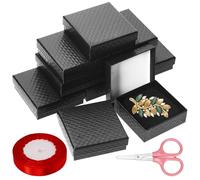 GLARKS 12Pcs Black 9 x 9 x 3CM Cardboard Jewelry Gift Boxes with Pink Scissors and 1.5 x 225CM Red Polyester Ribbon Set, Diamond Pattern Necklace Earring Bracelet Boxes Gift Case Ideal