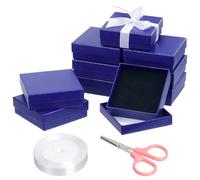 GLARKS 12pcs Dark Blue 9 x 9 x 3CM Jewelry Gift Boxes with Pink Scissors and 1.5 x 225CM White Polyester Ribbon Set, Diamond Pattern Necklace Earring Bracelet Boxes Gift Case Ideal