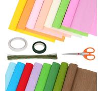 Glarks 15 Colors Wide Crepe Papers Rolls Kit for DIY Flower Making, Include 15 Rolls 9.84in x 8.2ft Crepe Paper Sheets, 100pcs 15.74in Green Floral Wire, 2 Rolls Tapes, 1pc Scissors for Gift Wrapping
