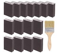 Glarks 16Pcs 100 Grit Sanding Sponge Kit 15Pcs 10x7x2.5CM Washable and Reusable Sanding Blocks and 1Pc Paint Brush Ideal for Wood Working, Drywall Metal Polishing