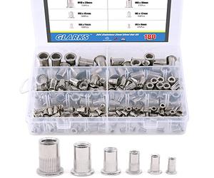 Glarks 180Pcs 304 Stainless Steel Flat Head Threaded Rivetnut Insert Nutsert Rivet Nut Assortment Kit - M3 M4 M5 M6 M8 M10