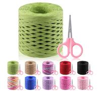 Glarks 200m Green Raffia Paper Craft Ribbon with Scissors Set, Natural Raffia String Kraft Packing Ribbon Twine for Gift Wrapping, Packing, Crafting Supplies