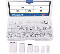 Glarks 210Pcs 6 Size Aluminum Double Barrel Ferrule Crimping Loop Sleeve for Wire Rope and Cable Line End Assortment Kit