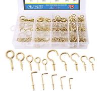 GLARKS 213-Pieces Brass Plated Screw Eyes & Screw-in Ceiling Cups Hooks & Square Bend Hooks Assortment Set Kit for Hanging